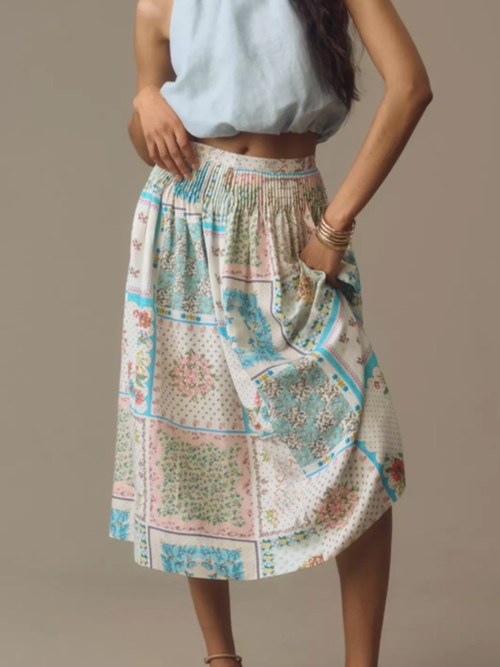 Hunter Bell Fallon Skirt Floral Patchwork Midi Skirt in Pastel Blue and Pink